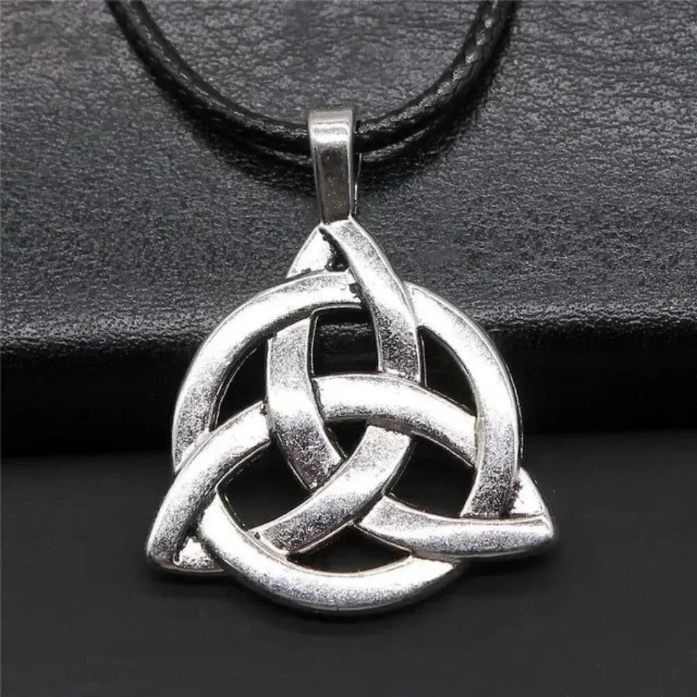 Silver Triquetra Wiccan Pagan Irish Celtic Knot Black Vegan Leather Cord Pendant